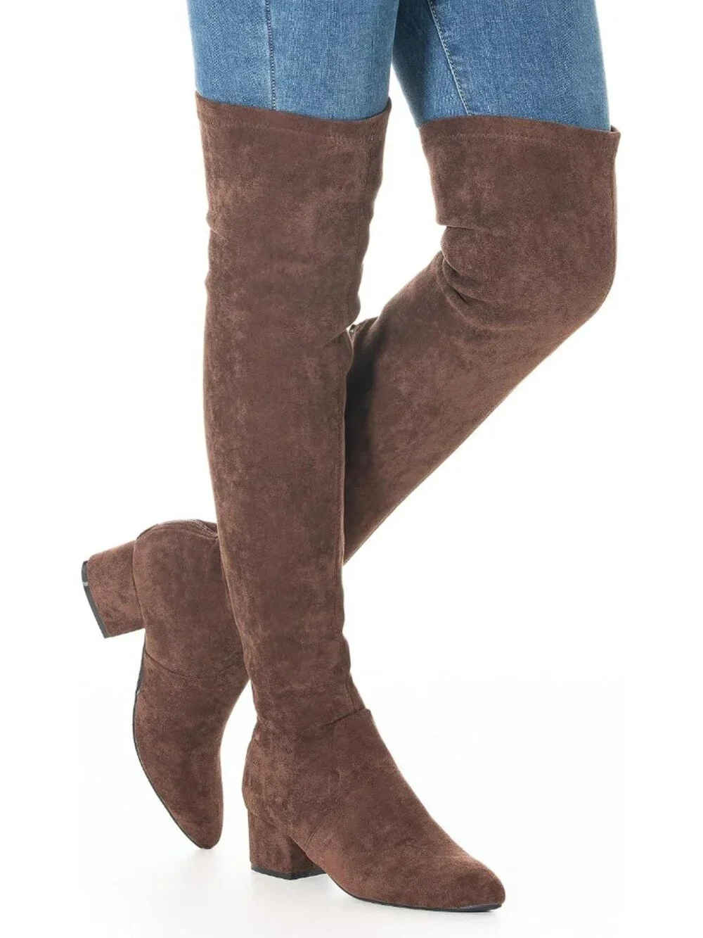 Women's Coffee 2 Inch Pointed Toe Chunky Block Heel Over The Knee High Boots